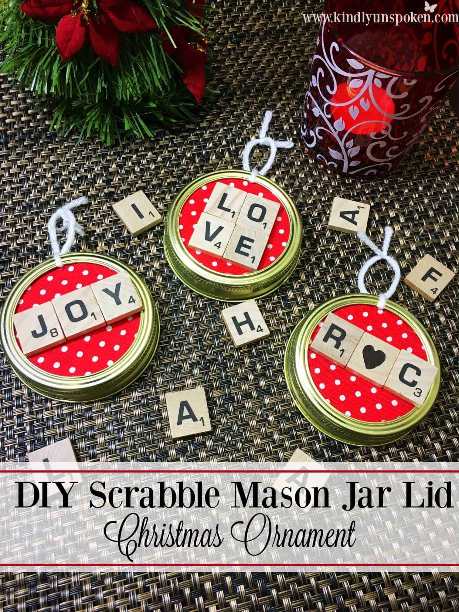These DIY Christmas Mason Jar Lid Scrabble Ornaments are so cute and easy to make! Personalize them with holiday words or names to decorate the Christmas tree! #scrabbleornaments #christmasornaments #masonjarcrafts #scrabbletilecrafts #diychristmas 