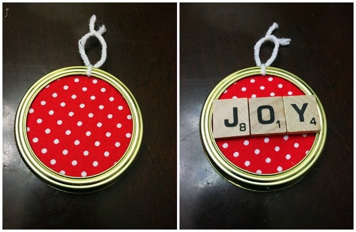 These DIY Christmas Mason Jar Lid Scrabble Ornaments are so cute and easy to make! Personalize them with holiday words or names to decorate the Christmas tree! #scrabbleornaments #christmasornaments #masonjarcrafts #scrabbletilecrafts #diychristmas 