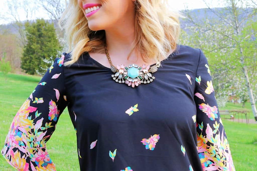 Black Floral Shift Dress + Statement Necklace