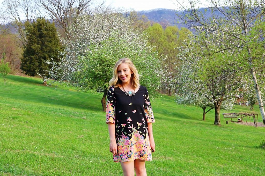 Black Floral Shift Dress + Statement Necklace