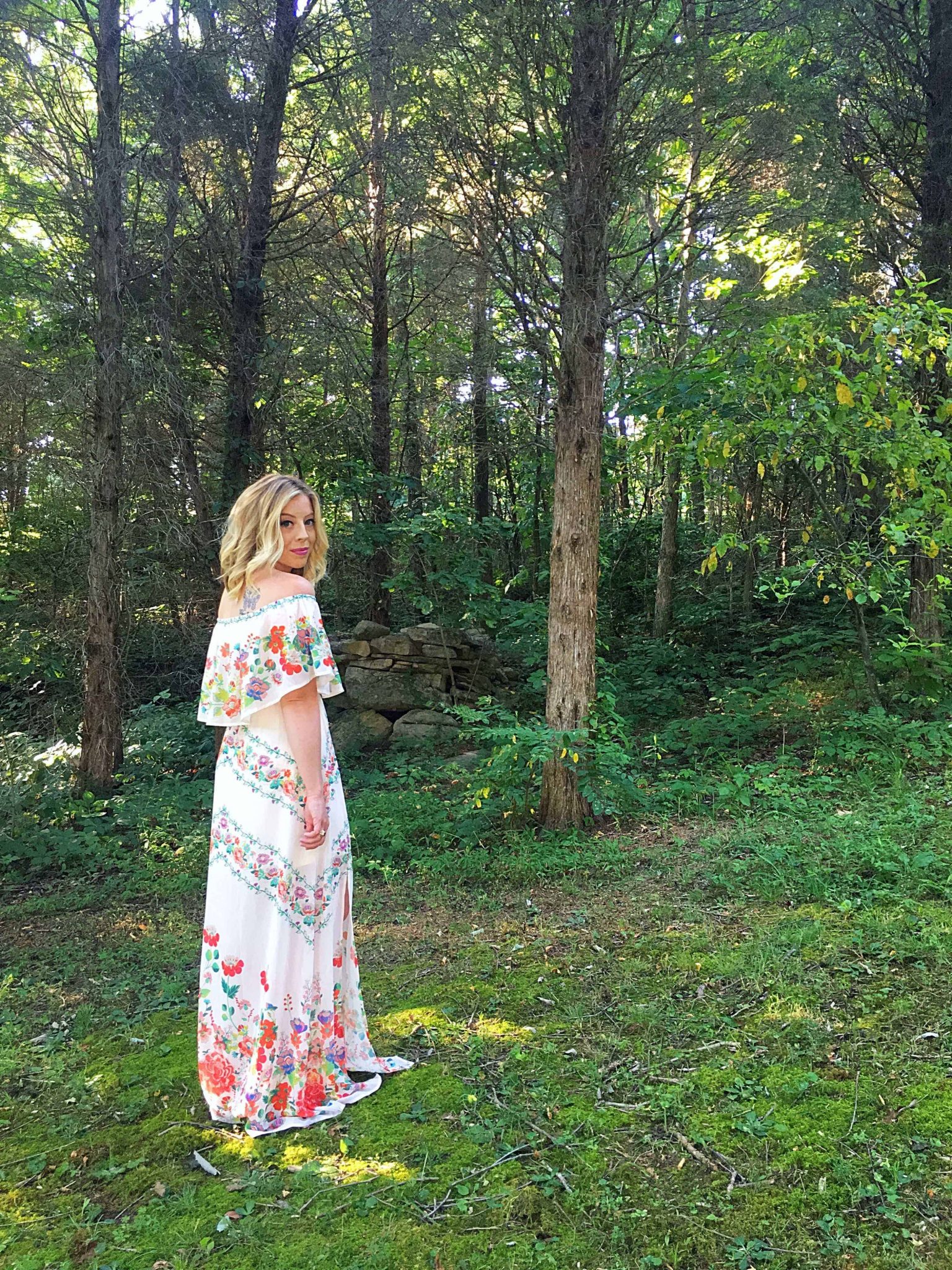 In Blooms Off Shoulder Maxi Dress Off White