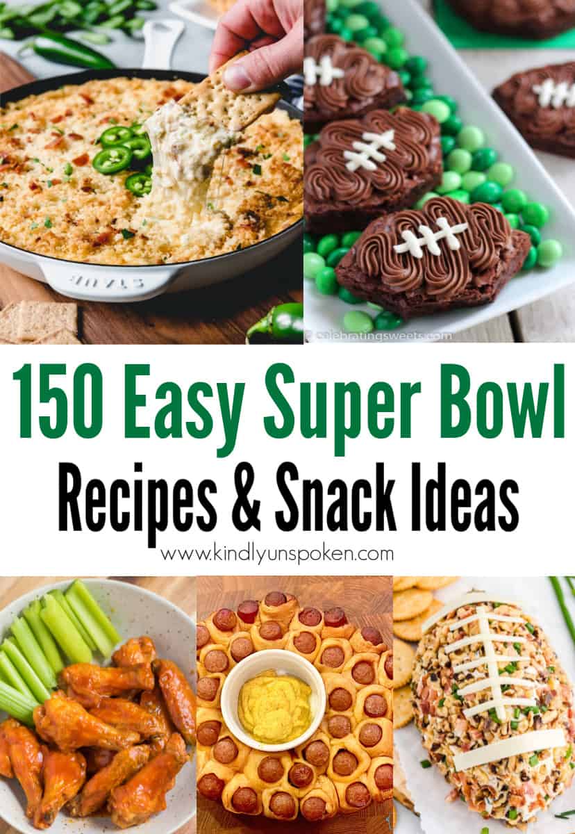 Need game day recipes for your Super Bowl party? Check out The 150 Best Super Bowl Recipes that will feed a crowd including delicious and easy super bowl appetizers, wings, dips, sliders, pizza, nachos, snacks, desserts, and more game day recipes! #superbowl #partyfood #superbowlfood #gamedayrecipes #appetizers #snacks
