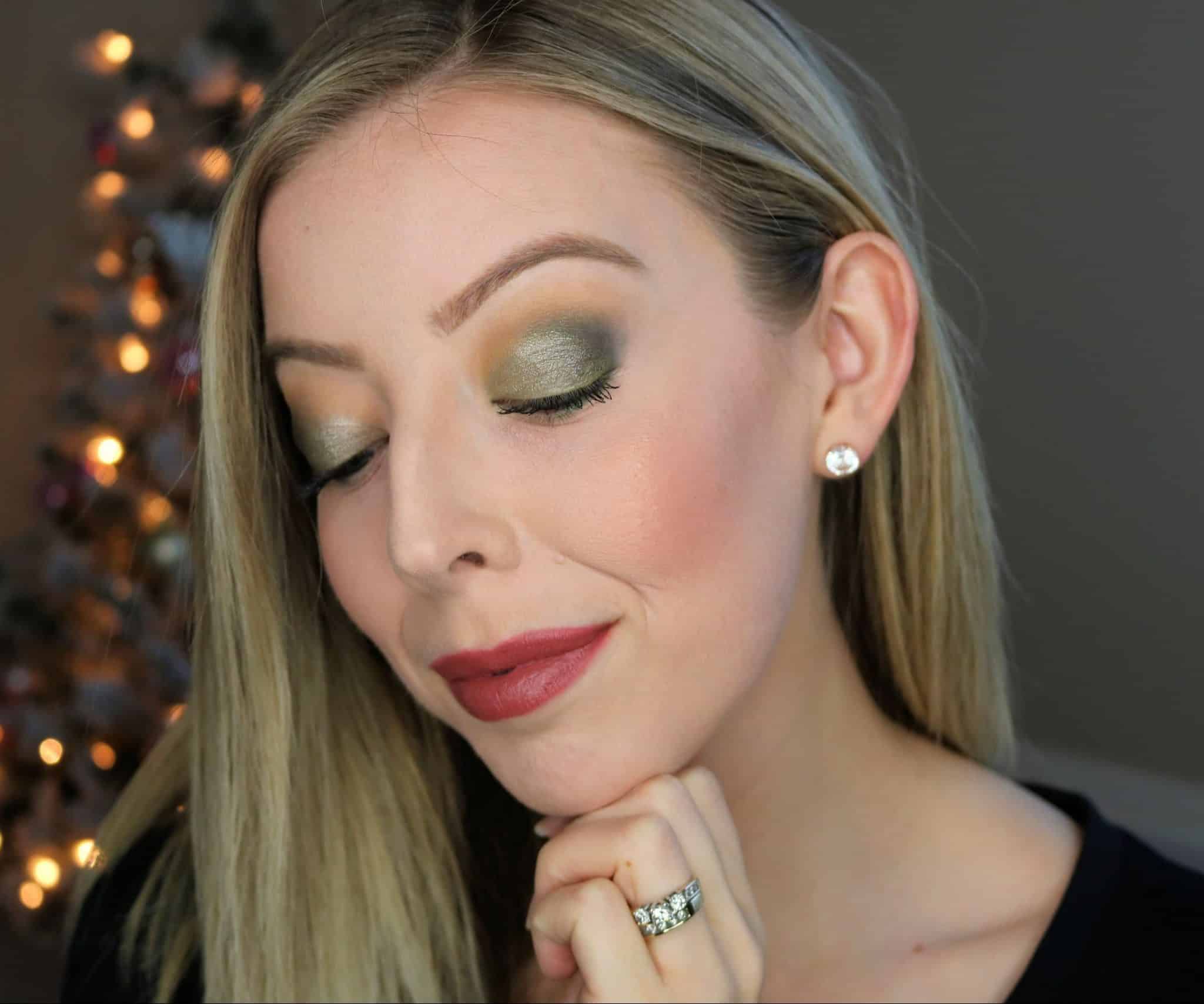 This easy holiday makeup look features a beautiful green eyeshadow with touches of gold shimmer and is perfect for wearing to Christmas and holiday parties. Check out all the makeup products used in my post! #holidaymakeup #makeup #makeuptutorial #drugstoremakeup #greeneyeshadow