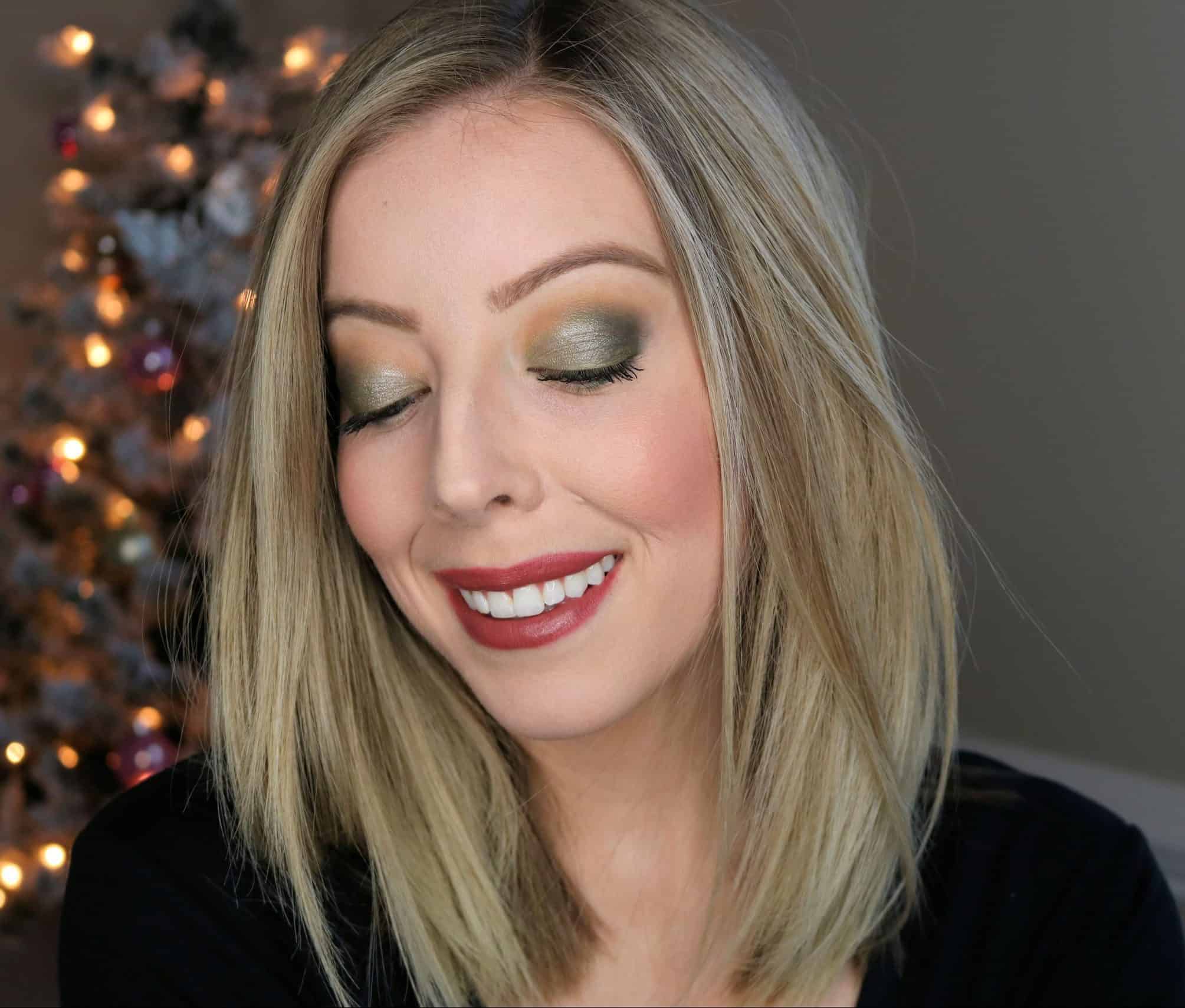 This easy holiday makeup look features a beautiful green eyeshadow with touches of gold shimmer and is perfect for wearing to Christmas and holiday parties. Check out all the makeup products used in my post! #holidaymakeup #makeup #makeuptutorial #drugstoremakeup #greeneyeshadow