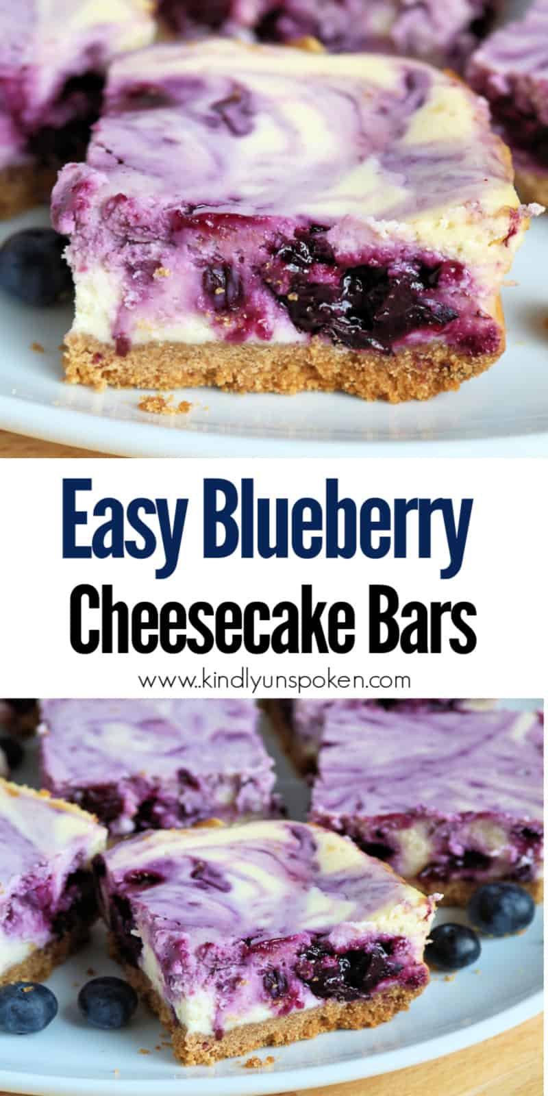 These easy and delicious Blueberry Swirl Cheesecake Bars are the best blueberry cheesecake bars you'll ever eat! Creamy vanilla and lemon cheesecake bars made with cream cheeses are swirled with a fresh blueberry lemon sauce and a buttery graham cracker crust. #blueberrycheesecakebars #blueberrycheesecake #blueberrybars #cheesecakebars #dessertbars  #blueberrydessert