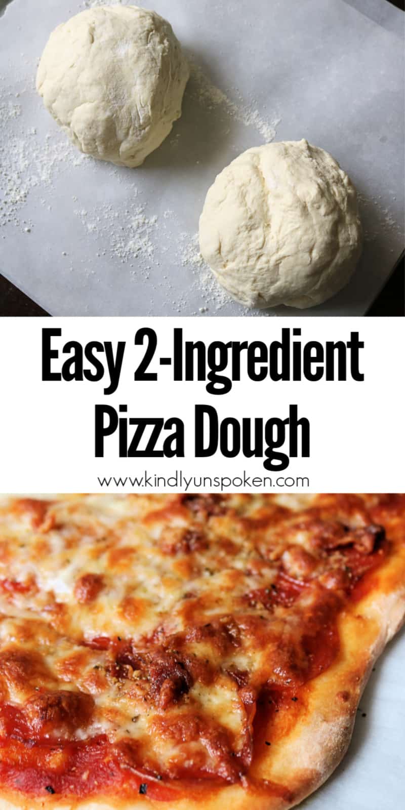 This 2-Ingredient Pizza Dough, also known as Weight Watchers Pizza Dough, is delicious and SO easy to make! It's made with self-rising flour and plain, non-fat Greek yogurt, with no yeast or rising time required. Use it for pizza dough, cheese sticks, pretzel bites, and more! #pizzadough #pizza #weighwatchers #greekyogurtpizzadough #selfrisingdough